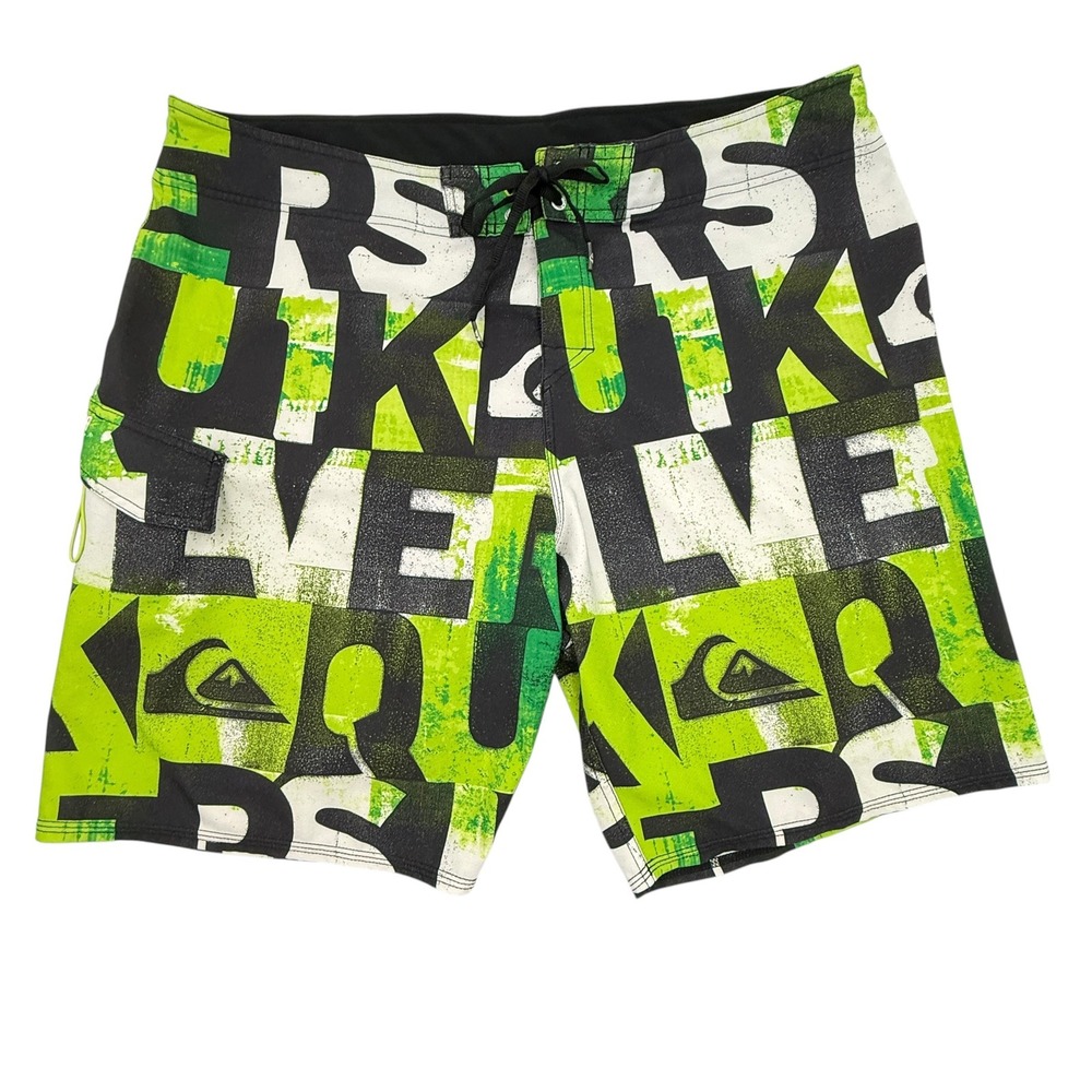 Quiksilver Board Shorts Mens 42 Green Graphic Print Logo Side Pocket Stretch